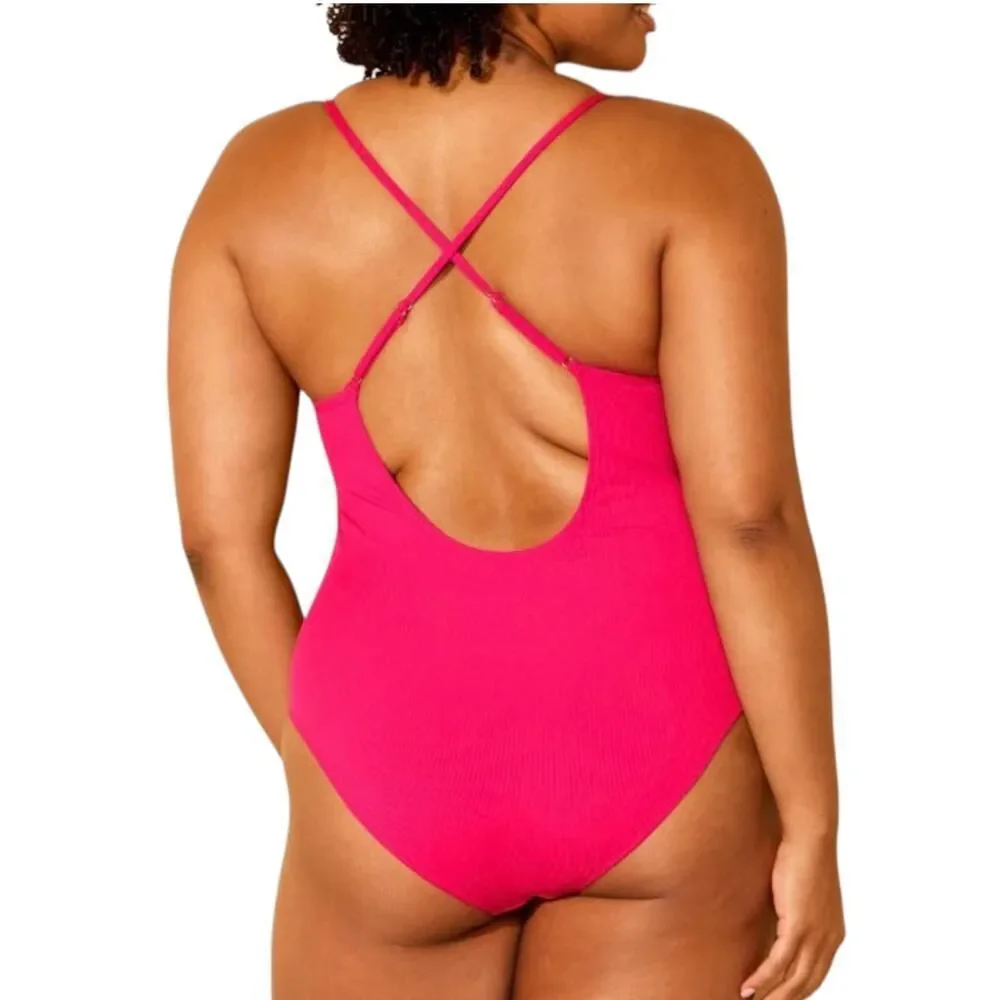 Shade & Shore Pink One Piece Swimsuit Medium Cross Back V Neck